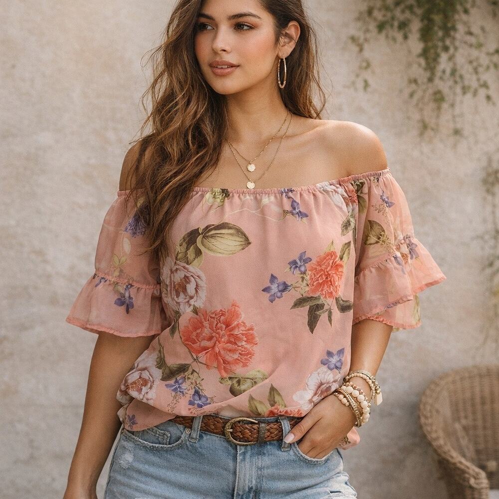 Sweet Floral Off Shoulder Blouse Boho Peasant Top Pink Romantic Cottagecore S